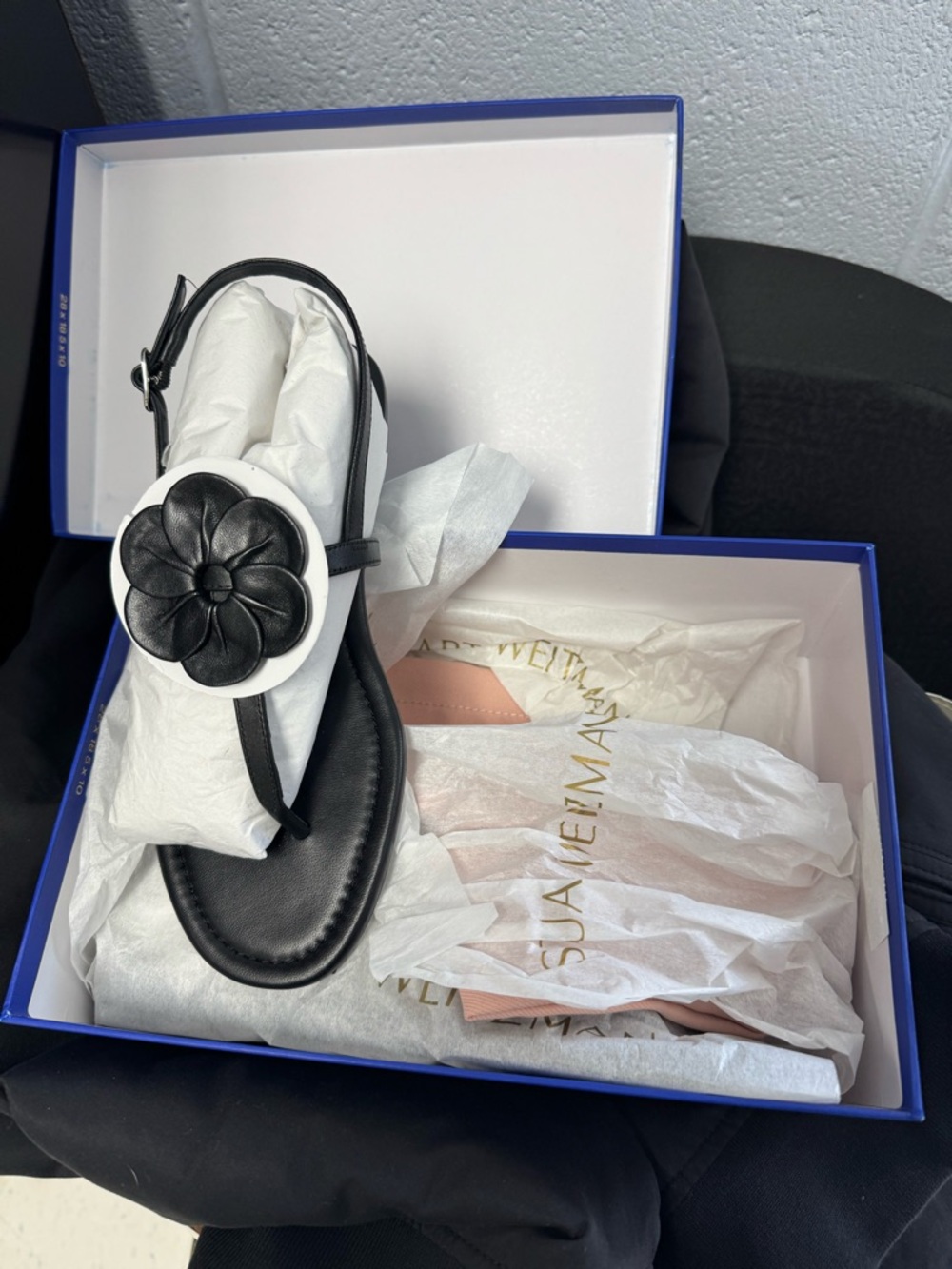Stuart Weitzman Black and White Floral Medallion Thong Sandals